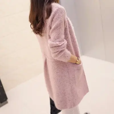 Women Light Blue Mohair Mid-Length Cardigan