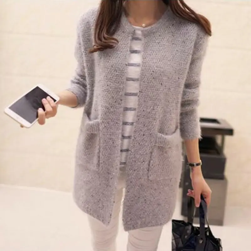 Women Light Blue Mohair Mid-Length Cardigan