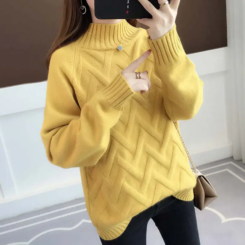 Women Half Turtleneck Knit Sweater Blue Loose Autumn Winter