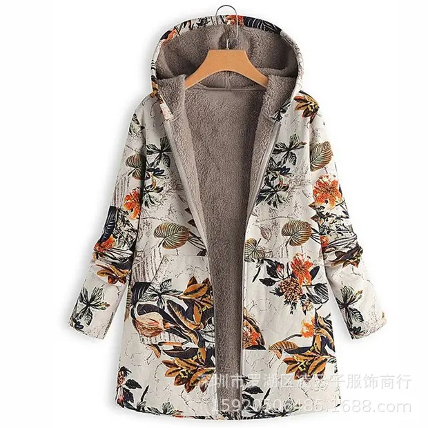 Women Floral Hooded Coat Navy Blue Long Sleeve Outerwear