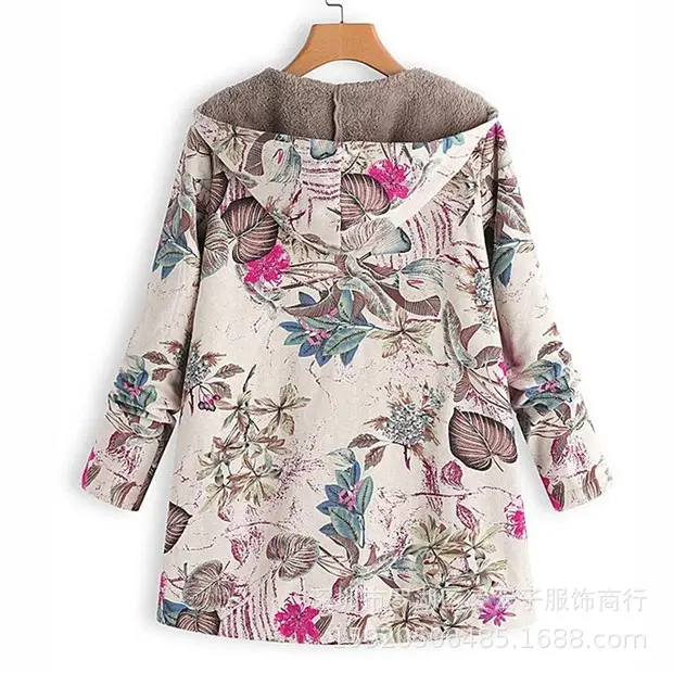 Women Floral Hooded Coat Navy Blue Long Sleeve Outerwear