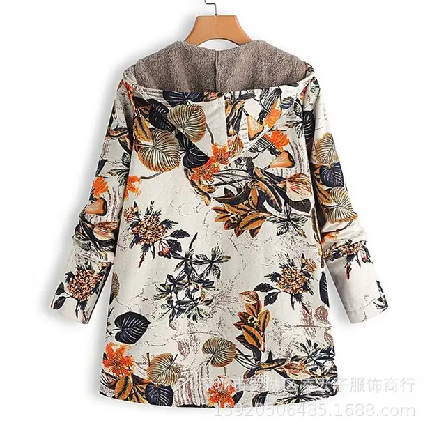 Women Floral Hooded Coat Navy Blue Long Sleeve Outerwear