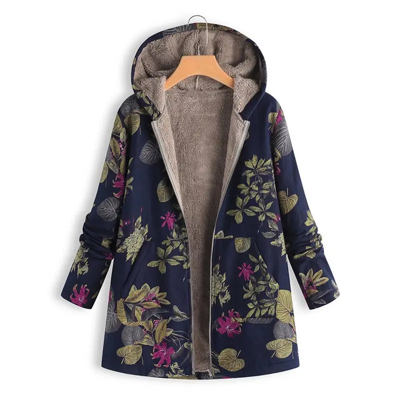 Women Floral Hooded Coat Navy Blue Long Sleeve Outerwear