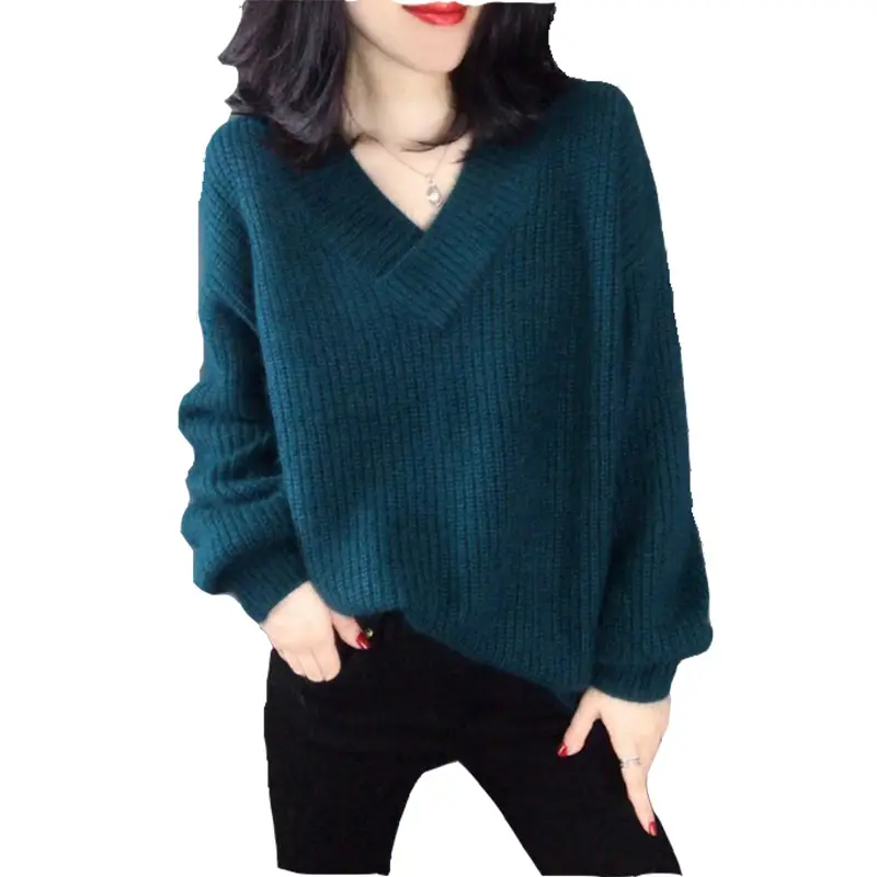 Women V-Neck Faux Alpaca Wool Sweater Green Loose Fit