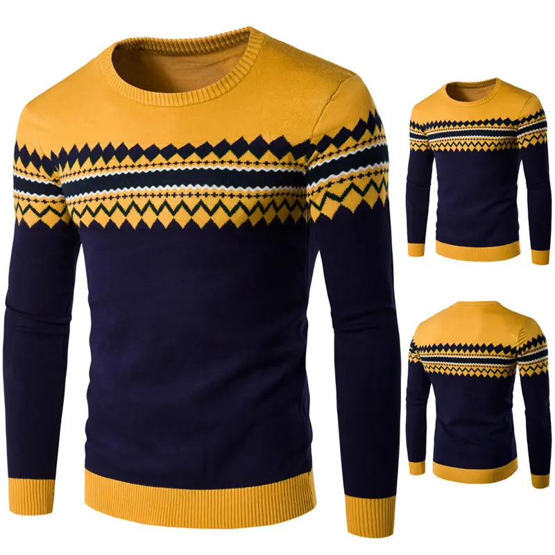 Men's Red Grey Patterned Round Neck Sweater