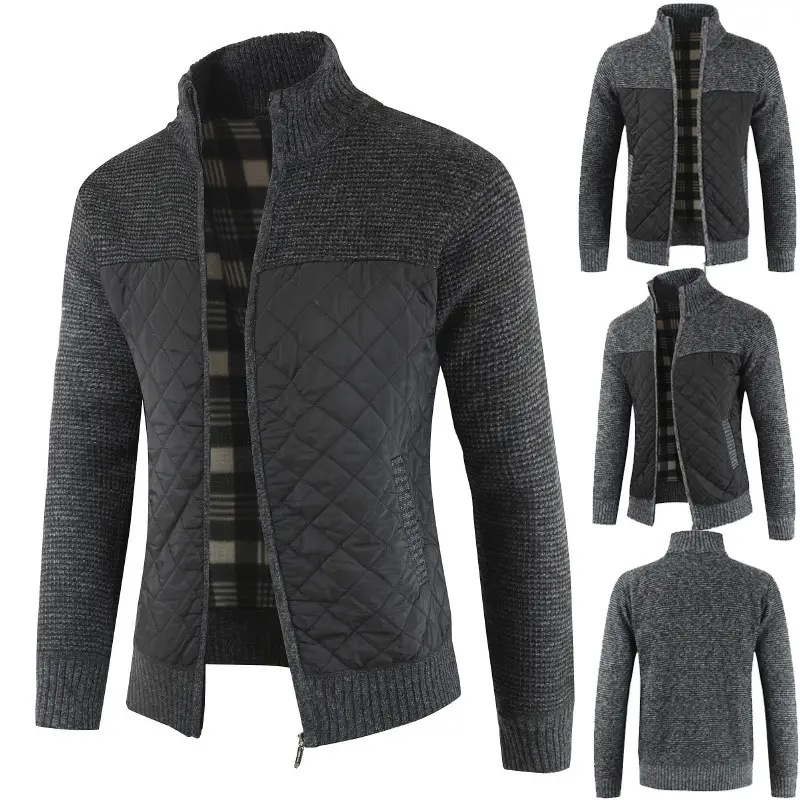 Men Quilted Knit Jacket Gray Black Casual Warm