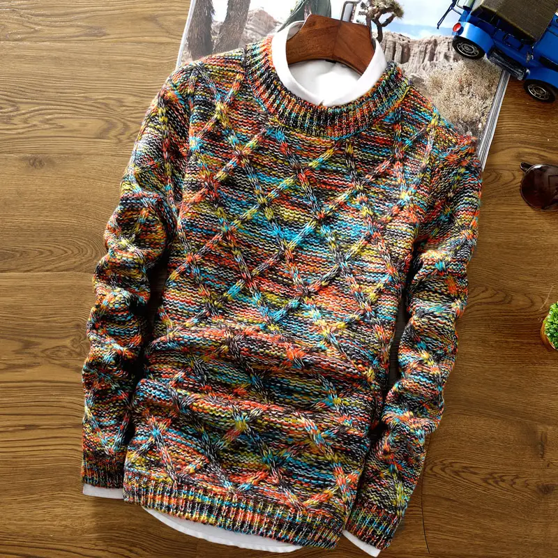 Winter Pullover Sweater Multi Color Diamond Knit Slim Fit