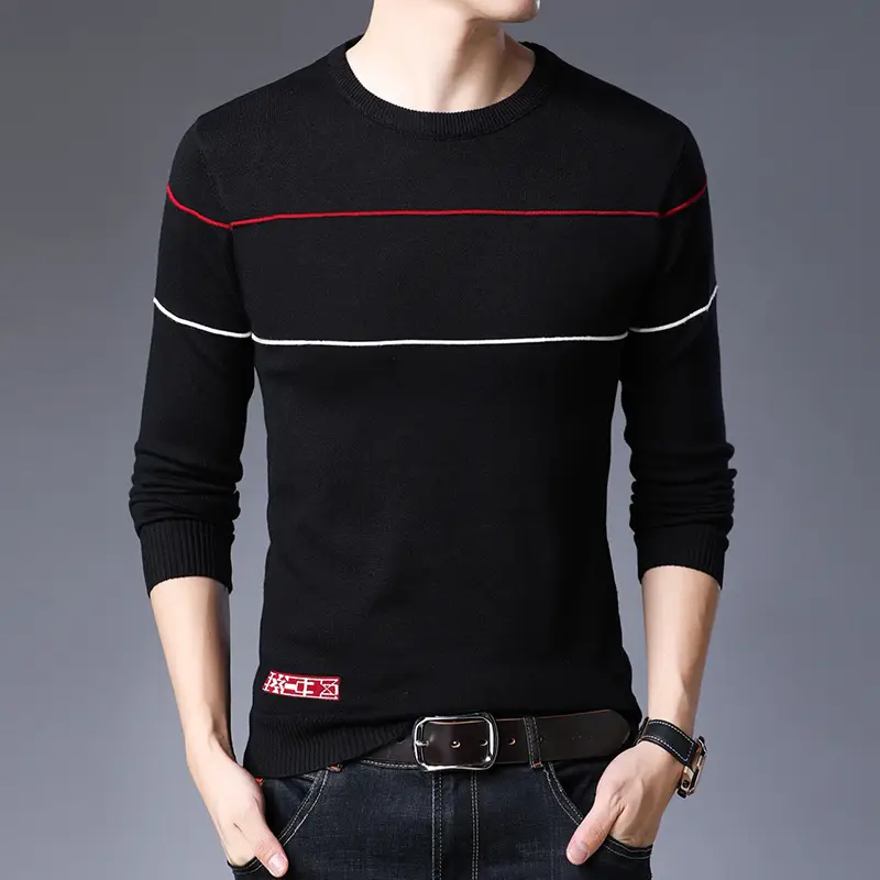 Men Navy Stripe Round Neck Sweater Autumn Slim Fit