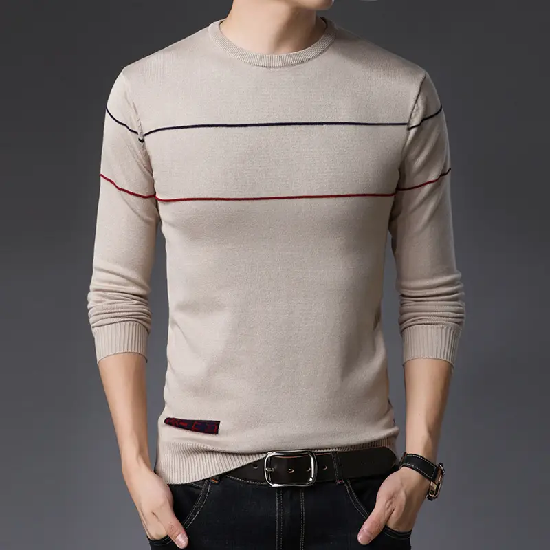 Men Navy Stripe Round Neck Sweater Autumn Slim Fit