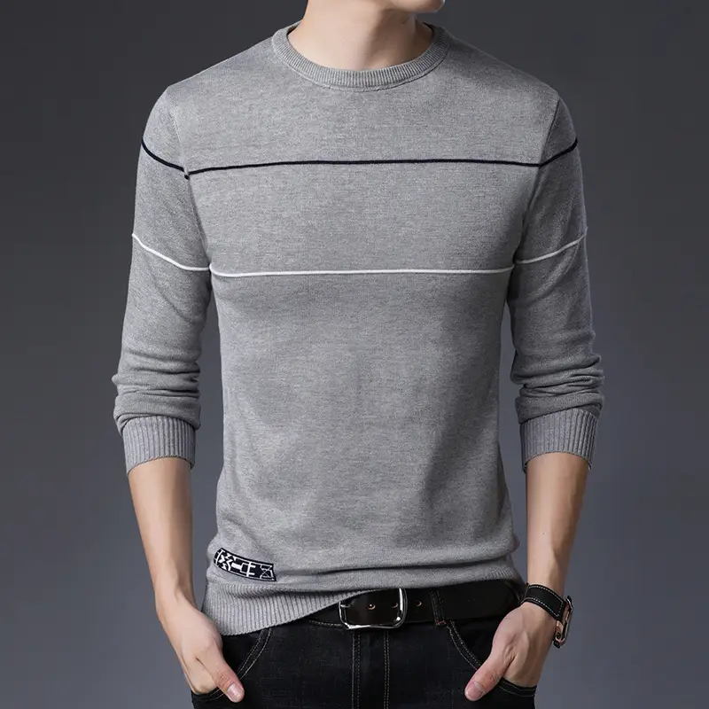 Men Navy Stripe Round Neck Sweater Autumn Slim Fit