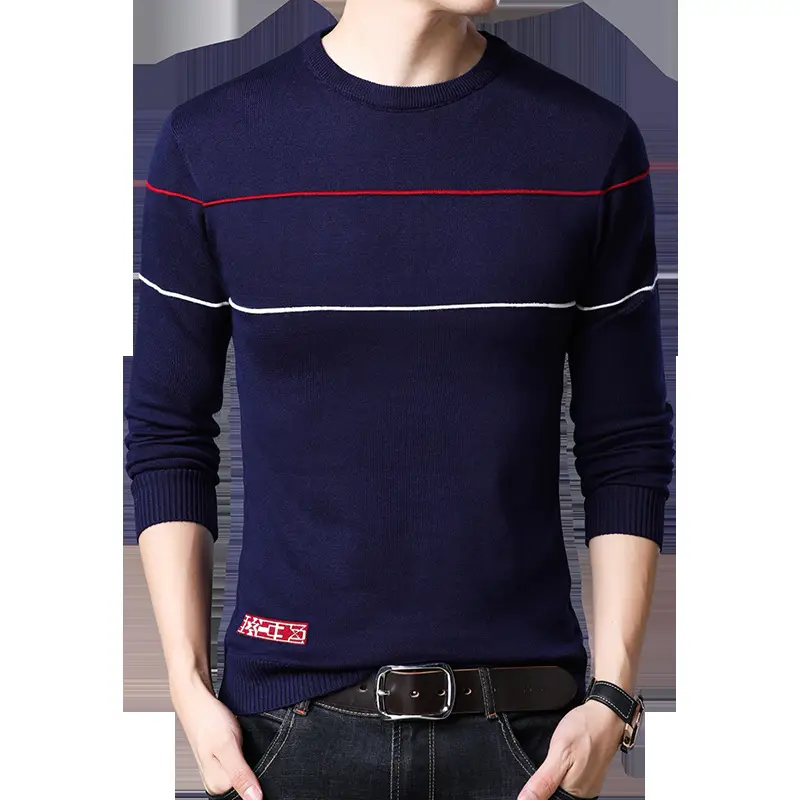 Men Navy Stripe Round Neck Sweater Autumn Slim Fit