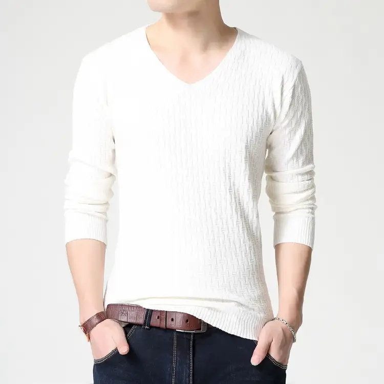 Men V Neck Knit Sweater Slim Fit Gray Long Sleeve