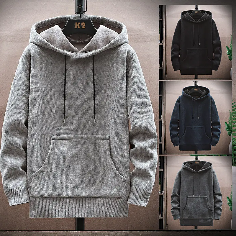 Men Fleece Hooded Sweater Navy Blue Winter Warm Coat