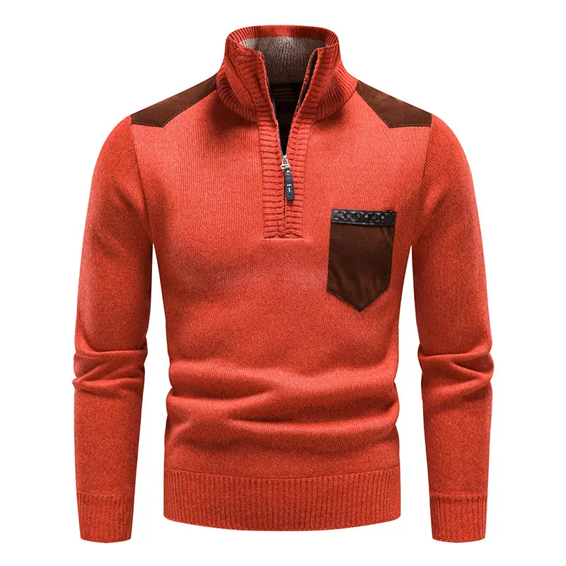 Men Fleece Lined Winter Sweater Solid Color Stitched