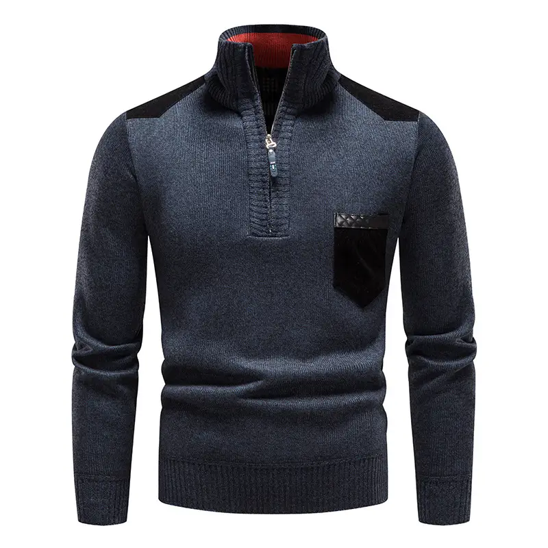 Men Fleece Lined Winter Sweater Solid Color Stitched