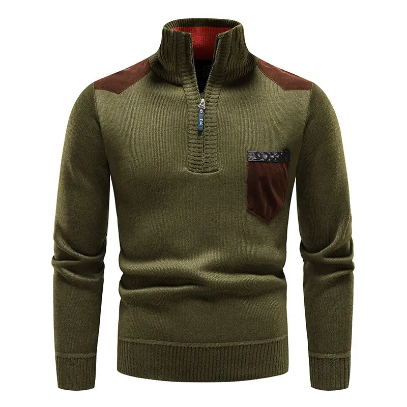 Men Fleece Lined Winter Sweater Solid Color Stitched