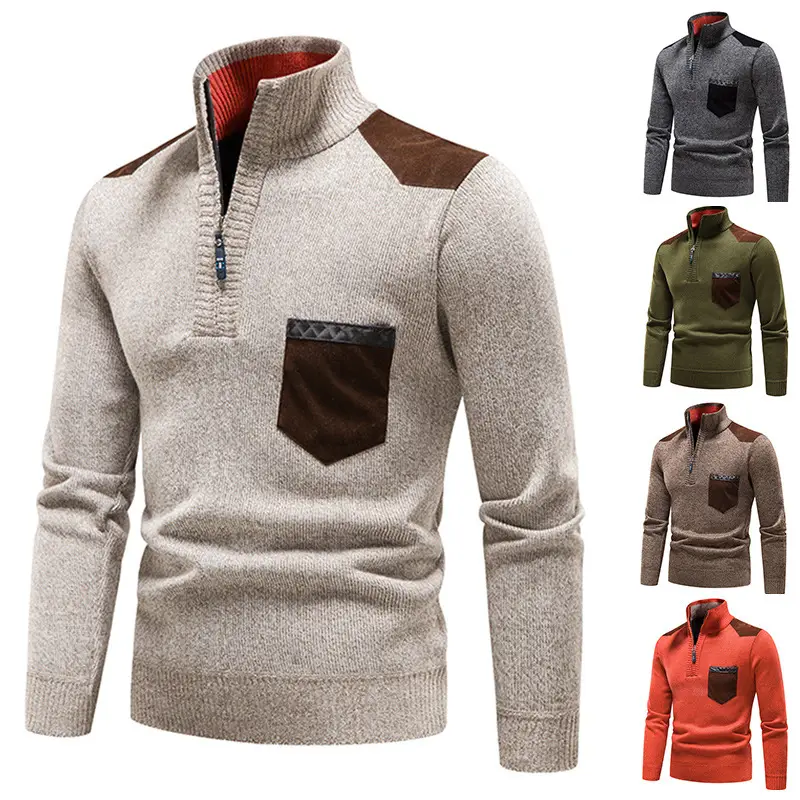 Men Fleece Lined Winter Sweater Solid Color Stitched