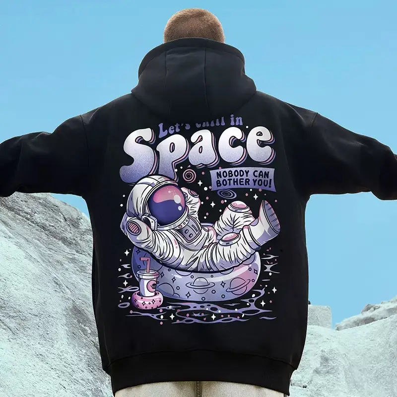 Men Black Velvet Hoodie with Space Print Large Size