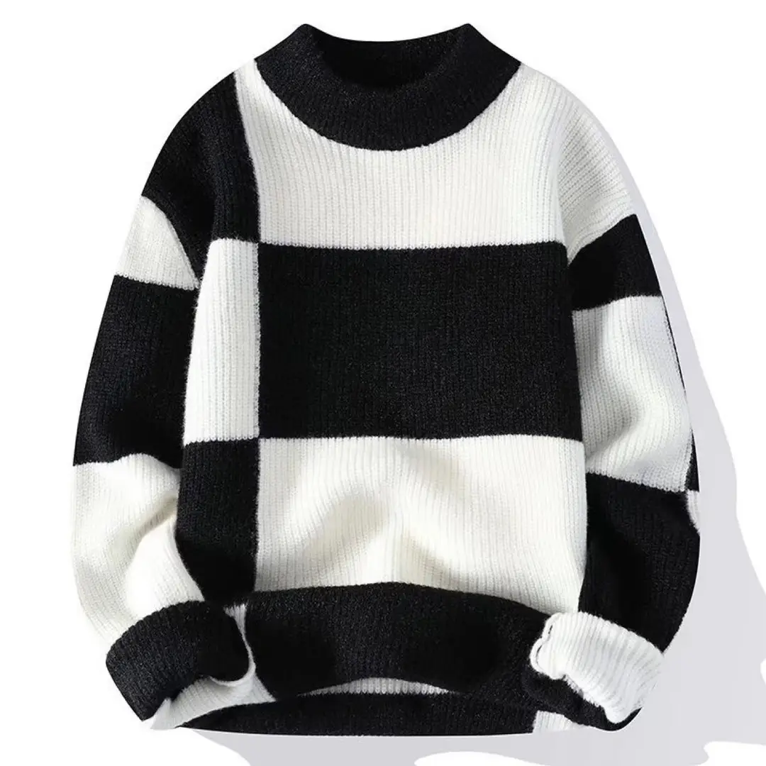 Men's Winter Checkered Knit Sweater Khaki White