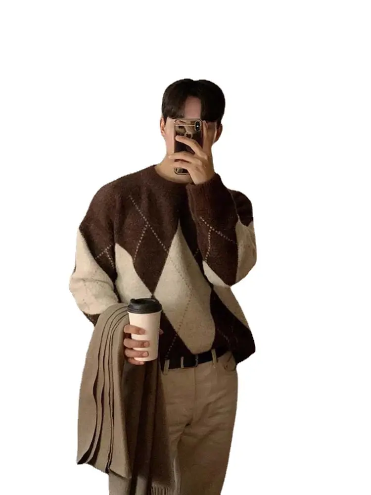 Men Brown Diamond Plaid Loose Sweater Winter