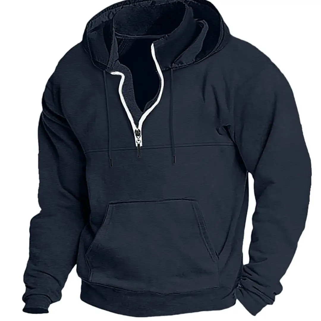 Men Black Half-Zip Hoodie Winter Casual Loose Fit