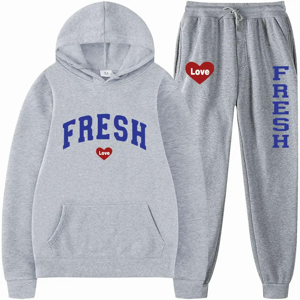 Black Fresh Love Hoodie Pants Set Autumn