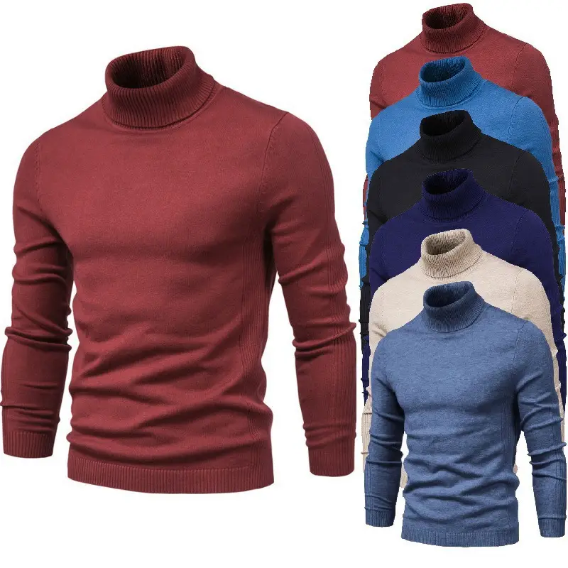 Slim Fit Red High Collar Knitted Sweater for Men Winter