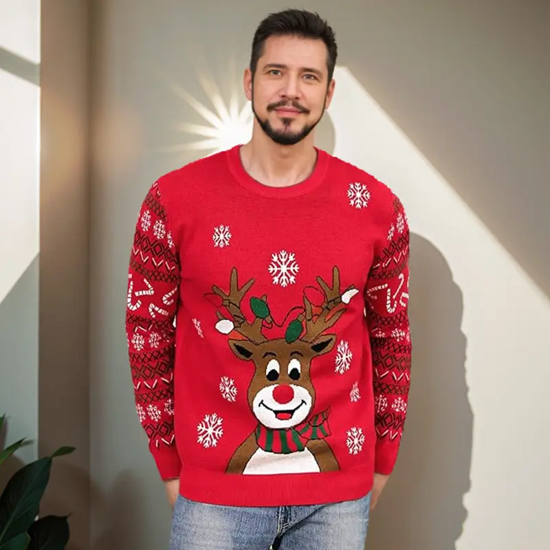Men Christmas Reindeer Knit Sweater Wool Slim Fit