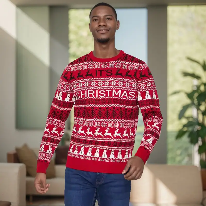 Men Christmas Reindeer Knit Sweater Wool Slim Fit