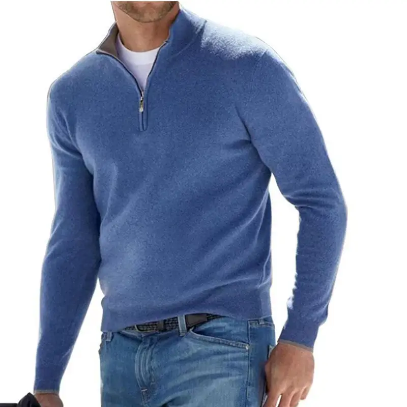 Men Wool Zip Neck Sweater Gray Blue Beige