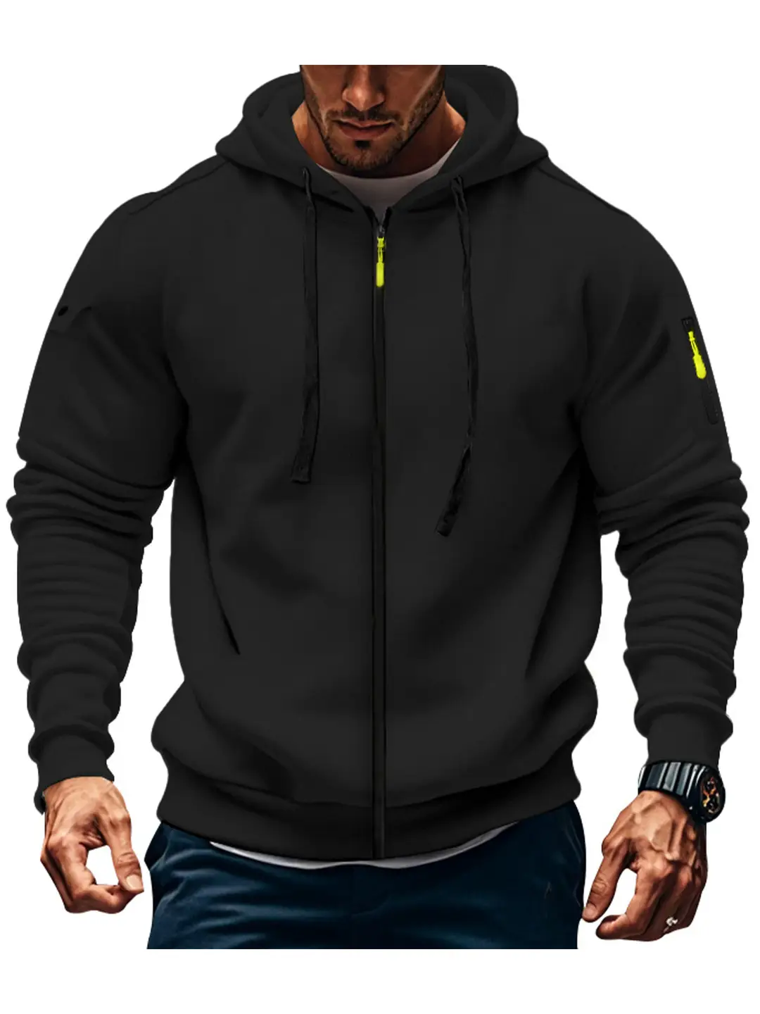 Men Black Zip Hoodie Casual Sports Autumn
