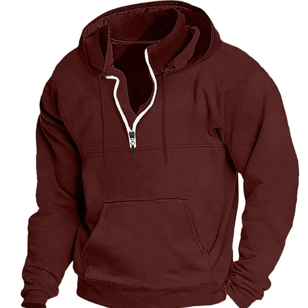 Men Black Hoodie Winter Thickened Zip Neck Sweatshirt