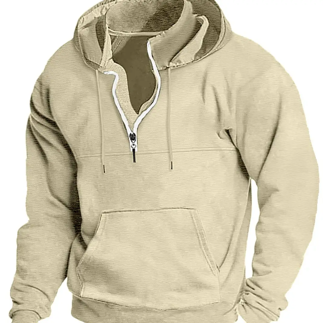 Men Black Hoodie Winter Thickened Zip Neck Sweatshirt