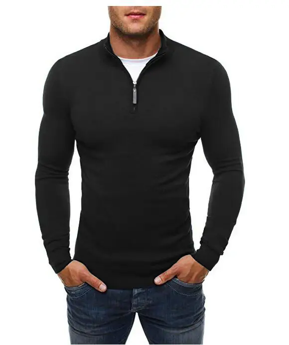 Men Slim Fit Zip Turtleneck Black Knitwear