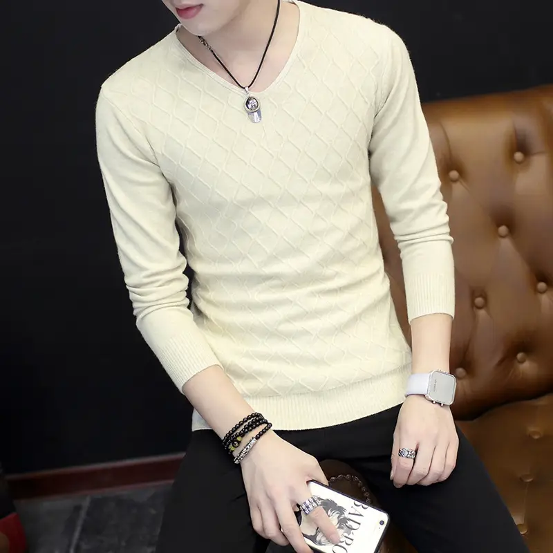 Men V-Neck Mesh Sweater Autumn Slim Fit White