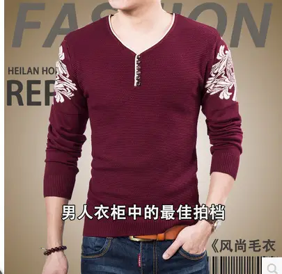 Men V-Neck Slim Fit Sweater Autumn Winter Navy Blue