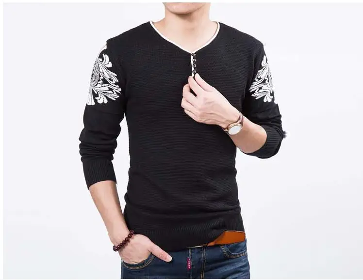 Men V-Neck Slim Fit Sweater Autumn Winter Navy Blue