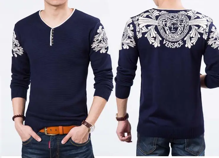 Men V-Neck Slim Fit Sweater Autumn Winter Navy Blue