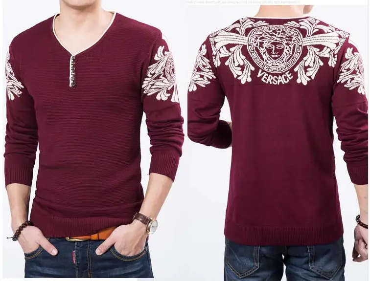 Men V-Neck Slim Fit Sweater Autumn Winter Navy Blue