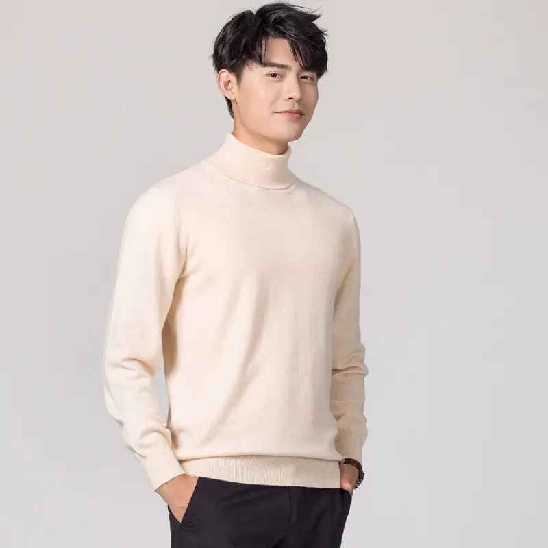 Men's Beige Wool High-Lapel Sweater Solid Color