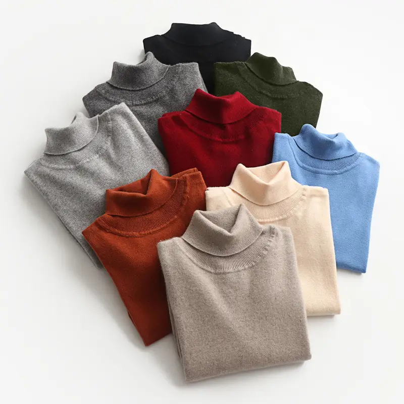Men's Beige Wool High-Lapel Sweater Solid Color