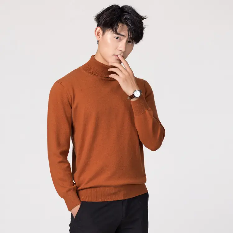 Men's Beige Wool High-Lapel Sweater Solid Color