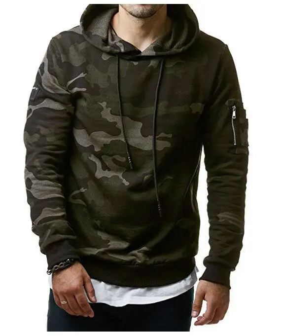 Men Camouflage Hooded Fleece Sweatshirt Slim Fit Green