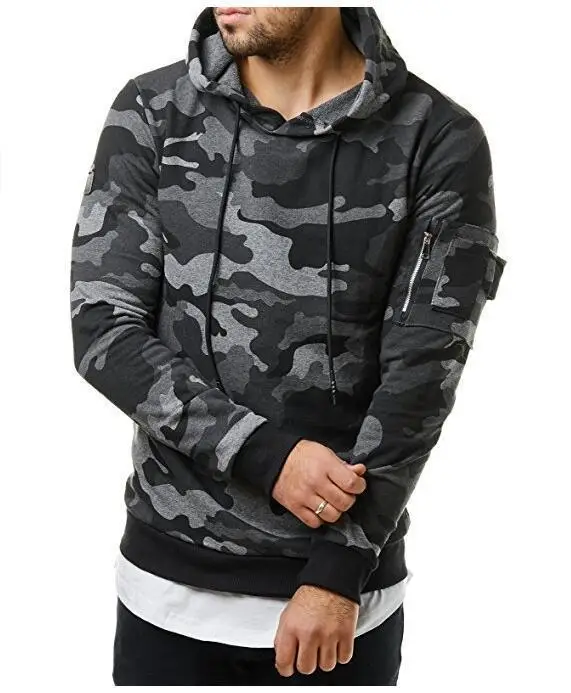 Men Camouflage Hooded Fleece Sweatshirt Slim Fit Green