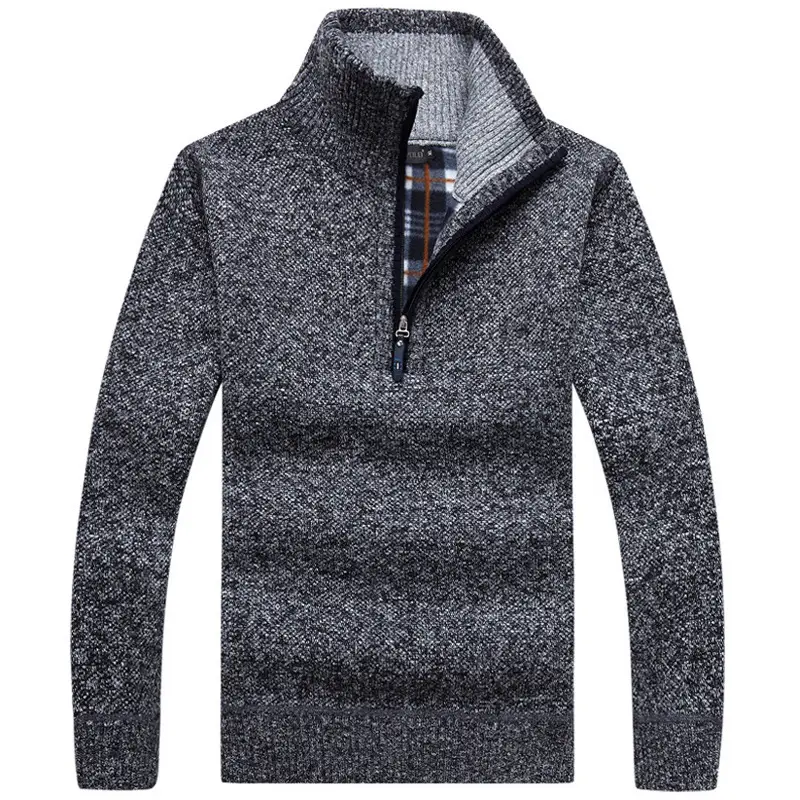 Men Gray Fleece Lined Zipper Sweater Autumn Winter