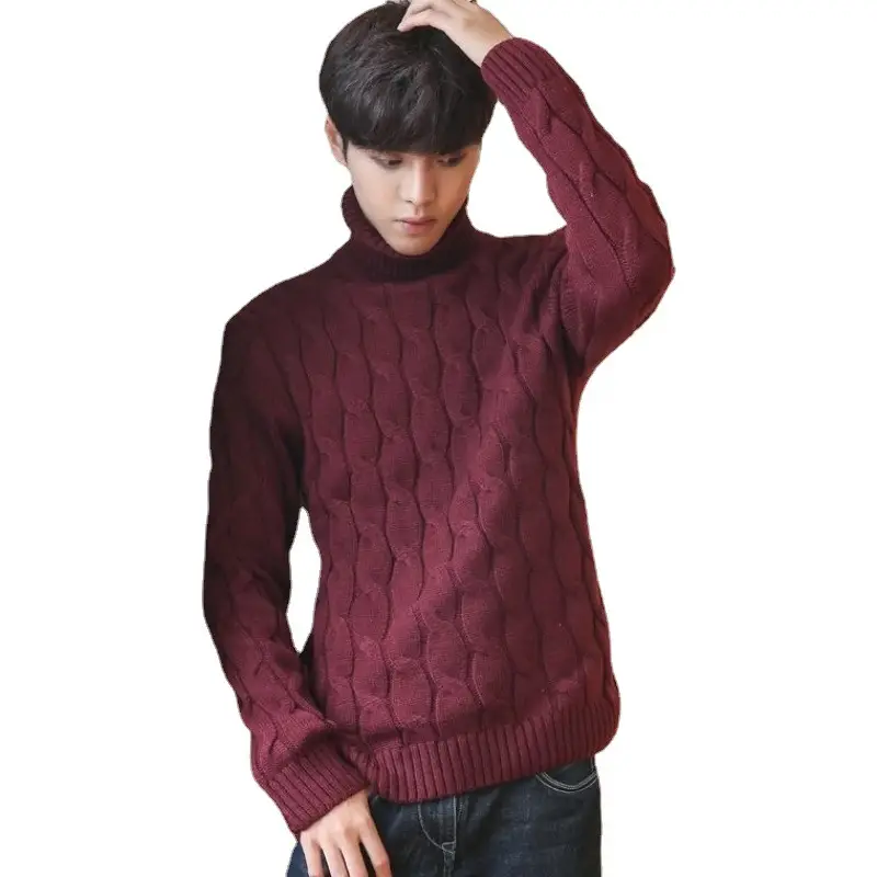 Men's Thickened Turtleneck Sweater Winter Korean Style Burgundy