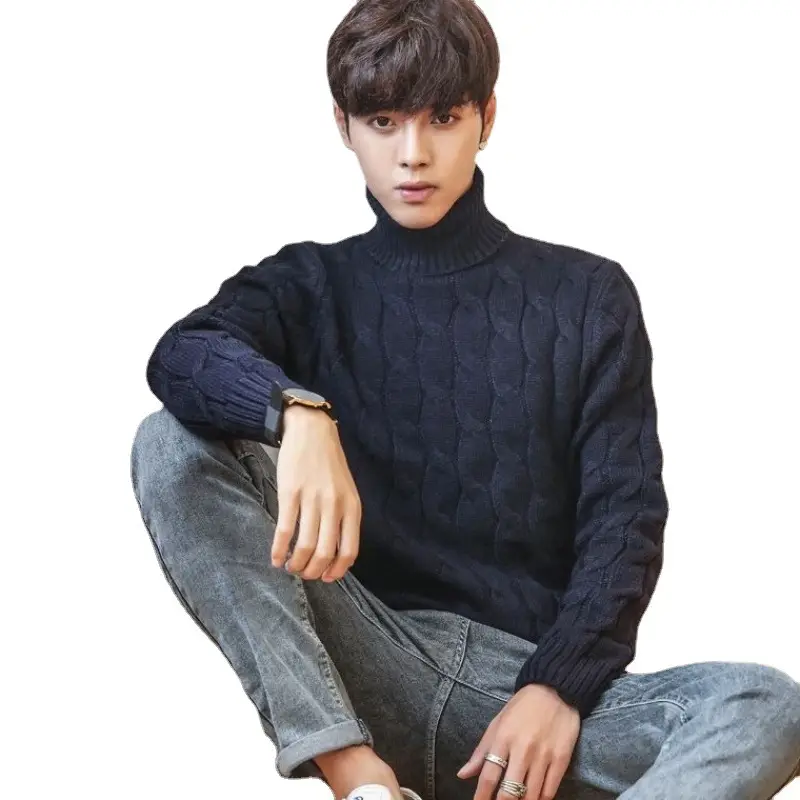 Men's Thickened Turtleneck Sweater Winter Korean Style Burgundy