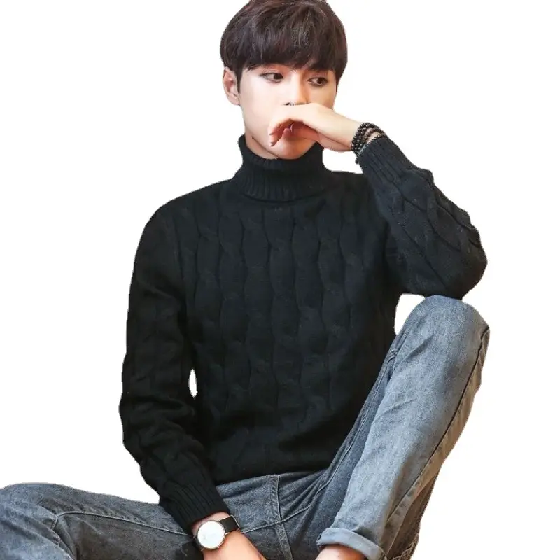 Men's Thickened Turtleneck Sweater Winter Korean Style Burgundy