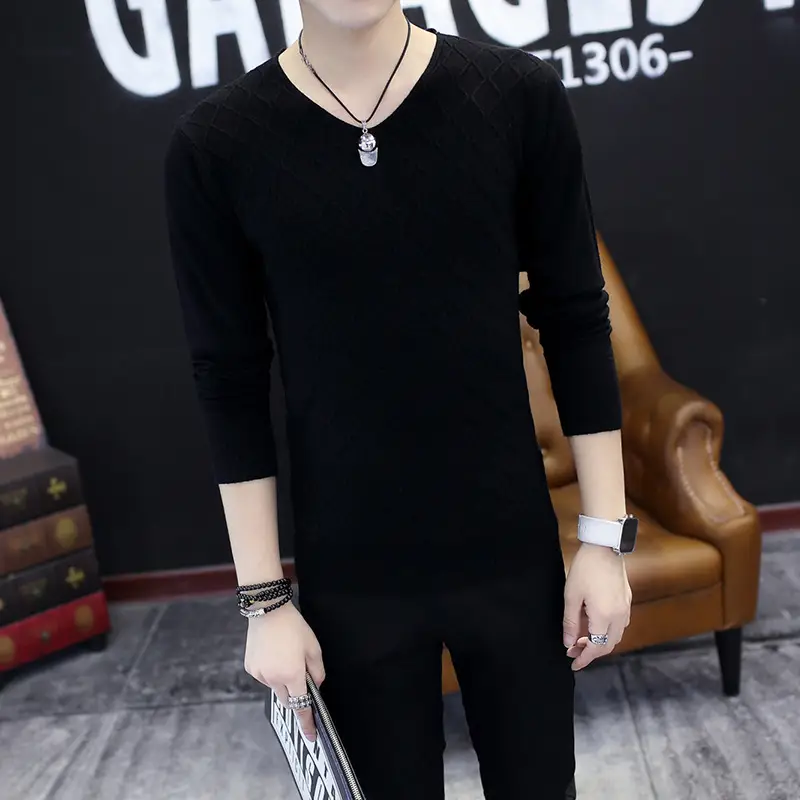 Men V-Neck Mesh Sweater Autumn Slim Fit White