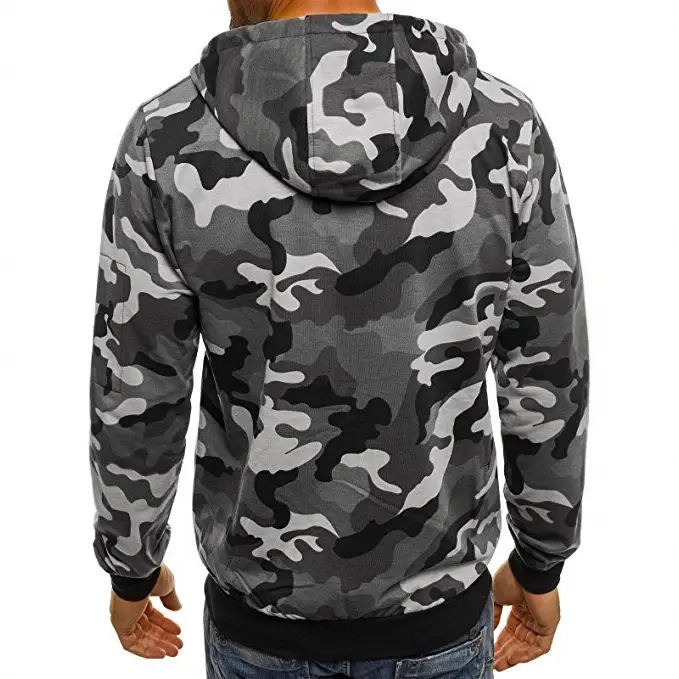 Men Camouflage Hoodie Grey Zipper Sweatshirt